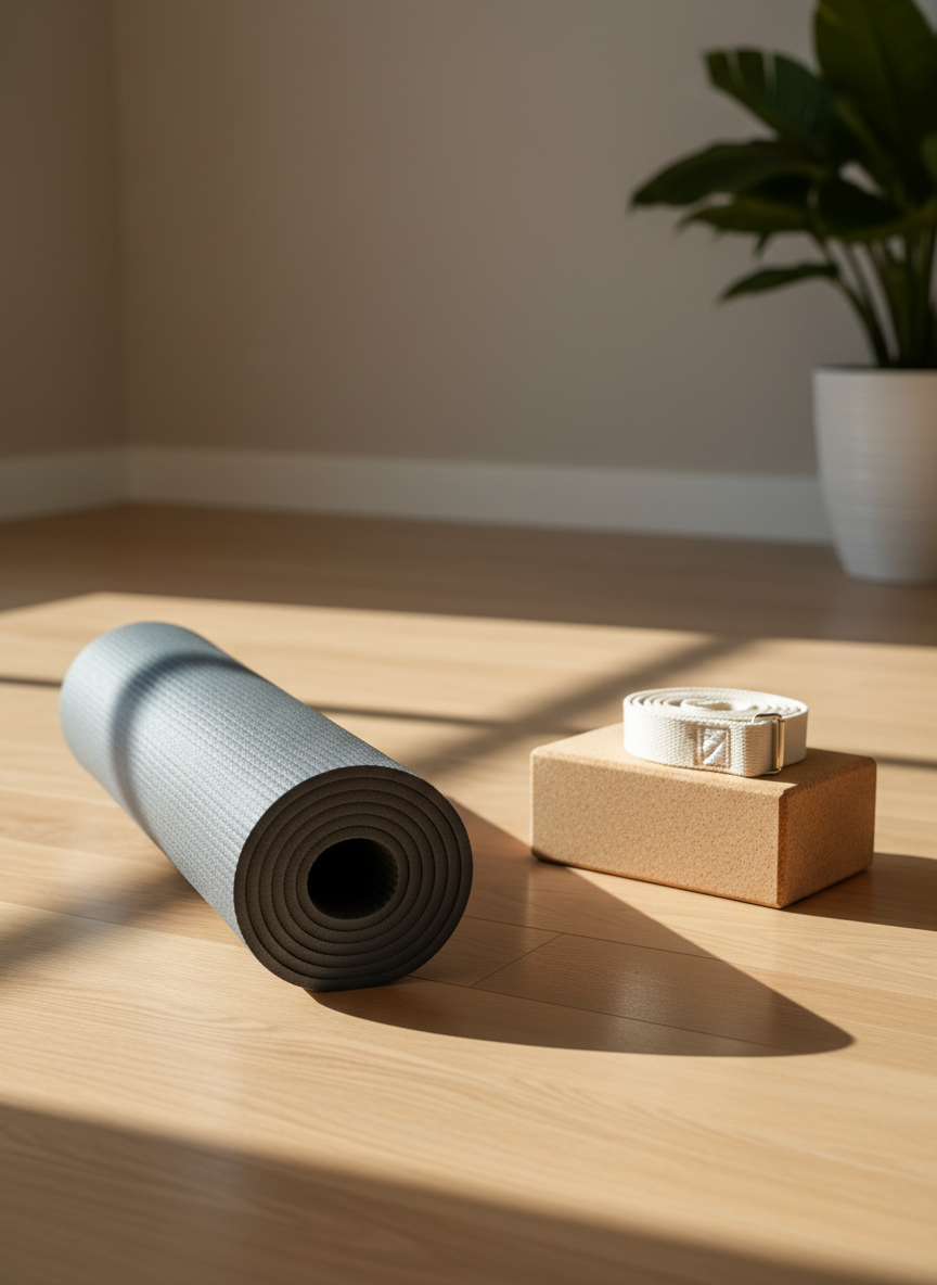 A neatly rolled slate-gray yoga mat with a finely textured surface lies diagonally across light oak studio flooring, the mat’s edges perfectly aligned and its material appearing dense yet invitingly soft. Beside it, a cork yoga block and a neatly coiled natural cotton strap rest in precise arrangement, suggesting a professional practice. Soft morning light pours through an unseen window, casting long, gentle shadows and a warm glow across the floor. The background falls into a subtle blur of neutral-toned walls and a single leafy plant. Photographic realism with a clean, modern aesthetic, shot at a slightly elevated angle using a shallow depth of field, creating a calm, focused, and professional atmosphere suited for a yoga and mindful movement brand.