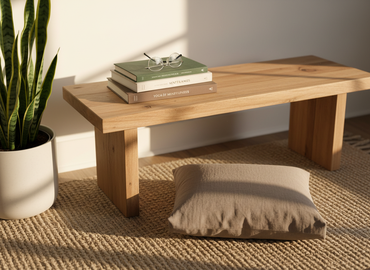 A serene vignette of a yoga and mindfulness reading nook: a low, natural wood bench supports a small stack of well-kept, unbranded wellness and anatomy books, with a pair of reading glasses folded neatly on top. On the floor in front of the bench, a folded linen meditation cushion in soft taupe sits on a sand-colored woven rug. A single green plant in a matte ceramic pot adds life at the frame’s edge. Late afternoon light filters in from the right, creating warm highlights, gentle shadows, and a tranquil, contemplative mood. Photographic realism with a clean, professional aesthetic, captured at a slightly elevated angle with moderate depth of field, emphasizing texture and calm focus, ideal for a yoga education or resources page.