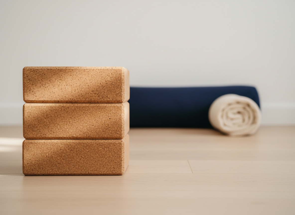 A close-up, side-on photographic view of a stack of three cork yoga blocks aligned perfectly on a smooth, pale wood floor, each block’s natural speckled texture clearly visible. Behind them, slightly out of focus, a neatly folded navy bolster and a rolled cream-colored blanket rest against a matte white wall, suggesting restorative yoga and mindful movement. Soft, diffused window light from the left gently wraps around the props, creating subtle highlights and soft-edged shadows. The composition follows the rule of thirds, with a shallow depth of field isolating the blocks as the primary subject. The mood is calm, precise, and professional, emphasizing high-quality equipment and a thoughtfully curated practice space for serious yoga students.