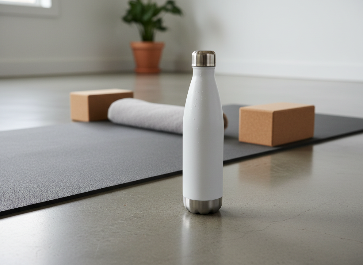 A polished, stainless steel water bottle with a matte white finish stands upright at the edge of a charcoal yoga mat, tiny condensation droplets visible on its surface. The mat rests on smooth concrete flooring with faint, organic imperfections that add texture. In the mid-ground, a neatly folded gray towel and a pair of cork yoga blocks are positioned in a precise line, suggesting readiness for a structured session. Soft overhead studio lighting combines with subtle natural sidelighting from an unseen window, producing clean highlights and delicate shadows. Photographic realism, shot from a low, slightly angled perspective, with a shallow depth of field that blurs the distant wall and a single potted plant, creating a calm yet energizing, professional pre-class atmosphere.
