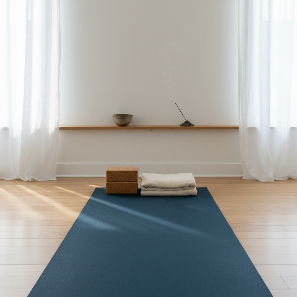 A minimalist yoga studio corner featuring an unrolled deep sea-blue mat stretched smoothly over pale bamboo flooring, its subtle grain visible in crisp detail. At the top of the mat, a small stack of cork blocks and a folded organic cotton blanket form a tidy arrangement. Along the wall, a narrow wooden shelf holds a single ceramic bowl and an incense holder with a thin wisp of smoke drifting upward. Soft, diffused daylight filters through sheer curtains, creating a serene, even illumination with gentle shadows. Captured at eye level with balanced composition and full sharpness, the photographic image exudes a professional, tranquil atmosphere, emphasizing focus, alignment, and mindful practice without clutter or distraction.