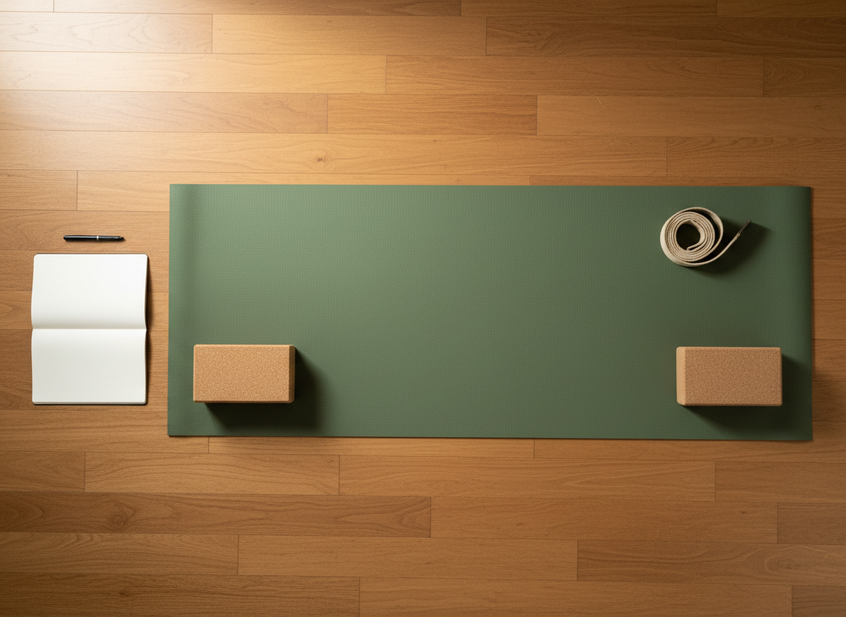 An overhead, bird’s-eye view of a carefully arranged yoga sequence layout on a warm wooden floor: a moss-green mat centered precisely, with a cork block at each side and a neatly looped strap forming a gentle circle near the top. Along one edge of the frame, an open, unmarked notebook and a fine black pen rest parallel to the mat, implying class planning and mindful intention. Soft, indirect daylight from the left creates a smooth gradient of light across the scene, with barely-there shadows lending depth. The photographic composition is symmetrical and orderly, with sharp focus throughout, conveying a sense of professionalism, clarity, and calm organization befitting a yoga teacher preparing for mindful movement classes.